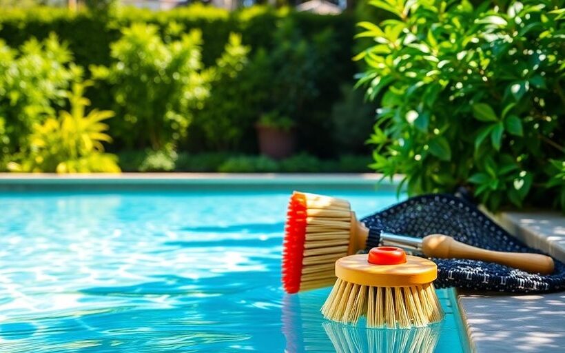 Image d’une piscine bien entretenue avec équipements d’entretien.