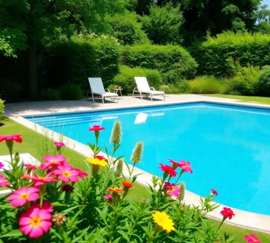 In-ground pool in a lush Belgian garden.