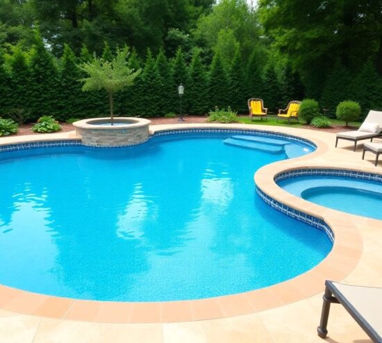 Beautiful swimming pool in a lush Belgian garden.
