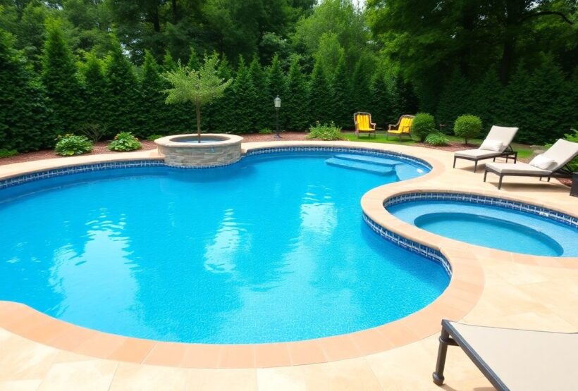 Beautiful swimming pool in a lush Belgian garden.