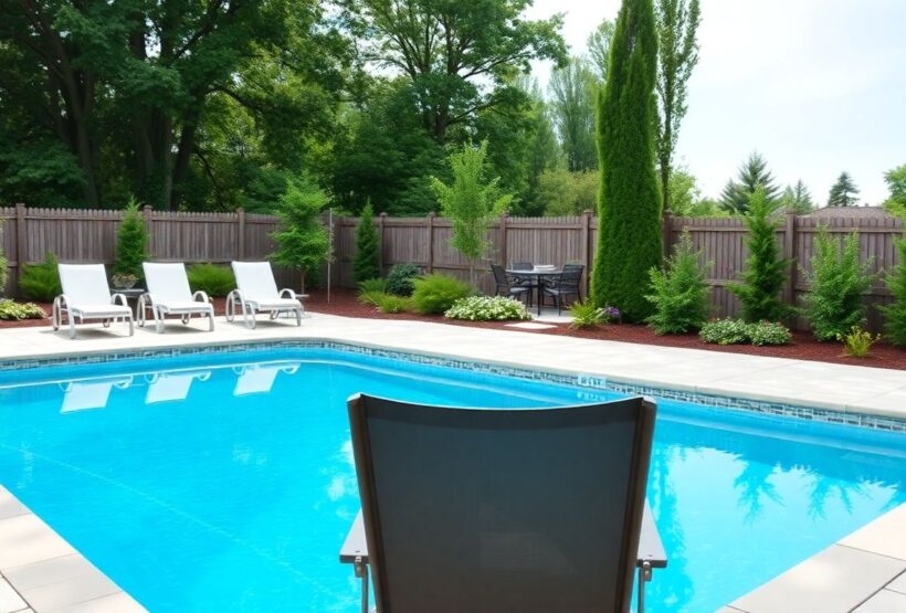 Newly built swimming pool in a garden setting.