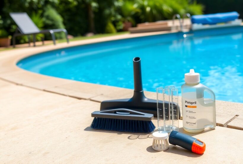 Swimming pool with maintenance tools in a sunny backyard.
