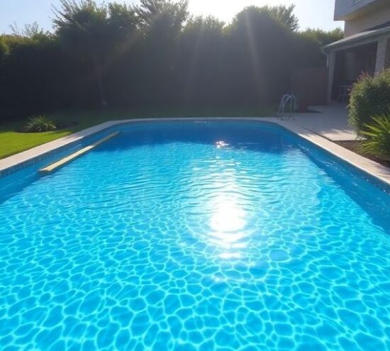 Piscine lumineuse entourée de verdure dans le Brabant Wallon.