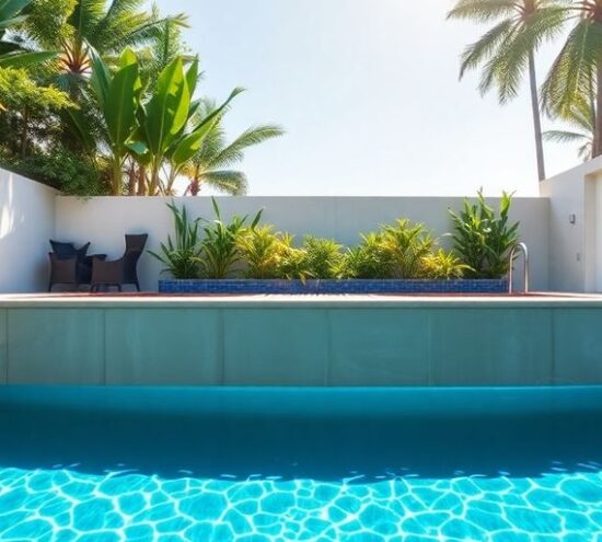 Piscine en béton rénovée avec un environnement verdoyant.