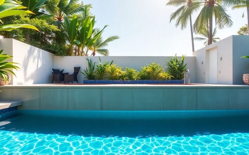 Piscine en béton rénovée avec un environnement verdoyant.