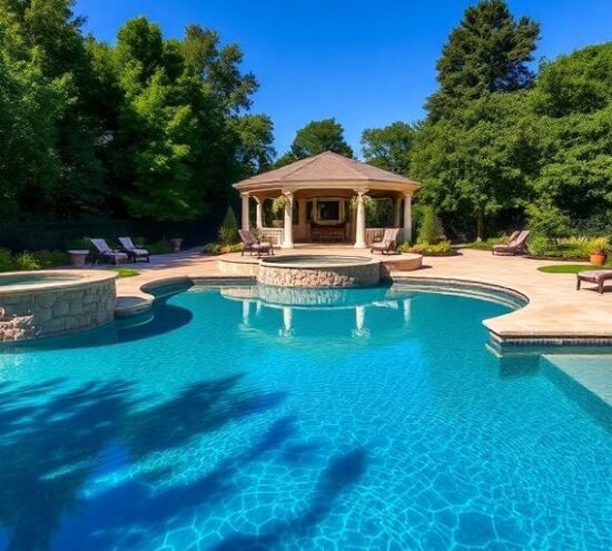 Piscine sur mesure entourée de verdure luxuriante.