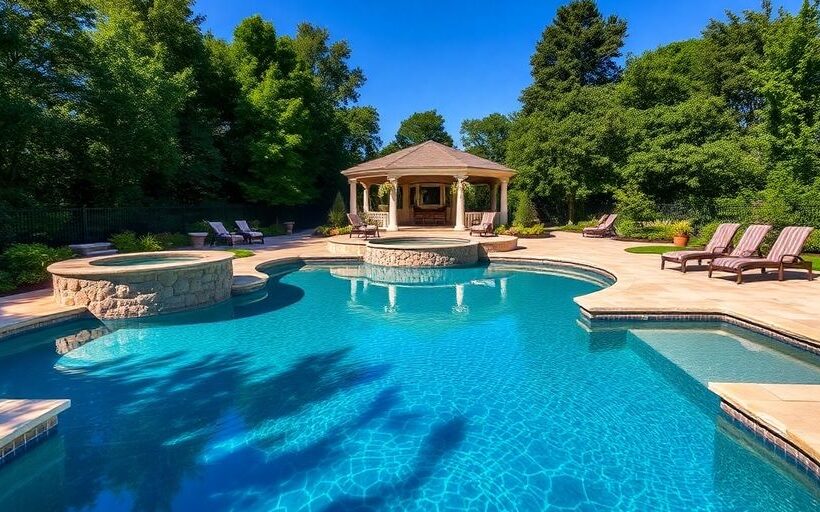 Piscine sur mesure entourée de verdure luxuriante.