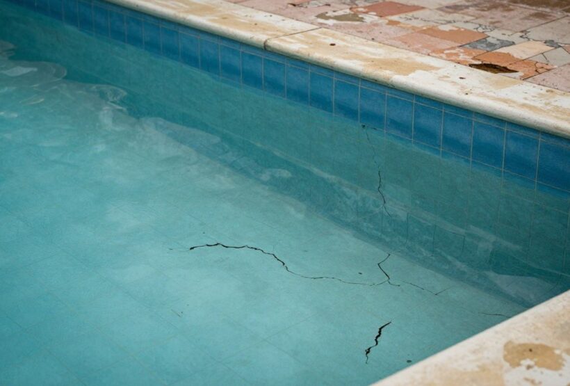 Piscine vieillissante avec fissures et revêtement décoloré.