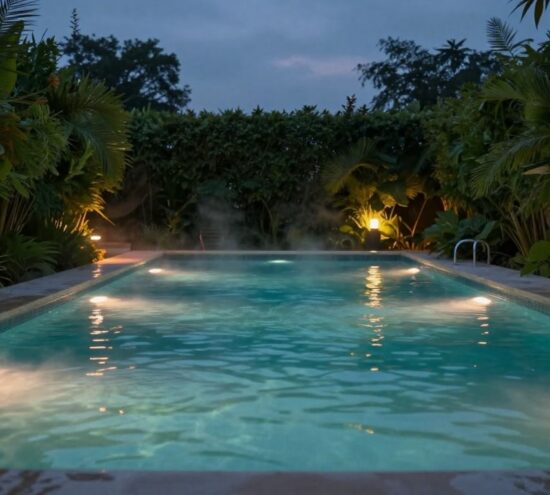 Piscine chauffée avec des lumières chaudes au crépuscule.