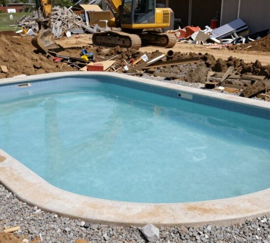 Remblai de piscine en cours avec terre et gravats.