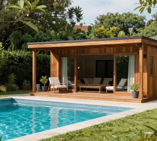 Swimming pool next to a modern garden shed pool house.