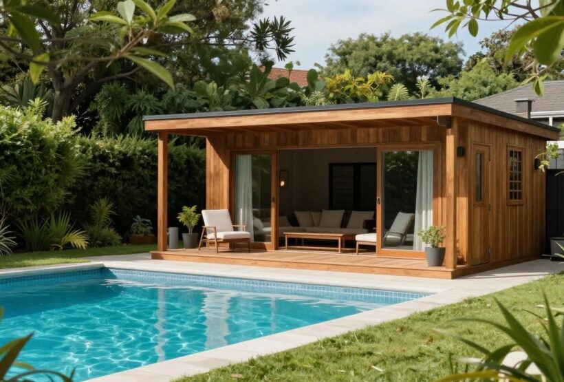 Swimming pool next to a modern garden shed pool house.